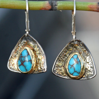 Kingman Turquoise Earrings - 18k Gold Fused on Black Sterling Silver - Diamond Shape -