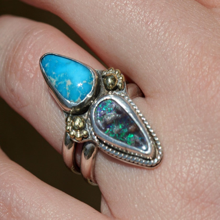 Boulder Opal and Turquoise Ring  Size 6 1/2