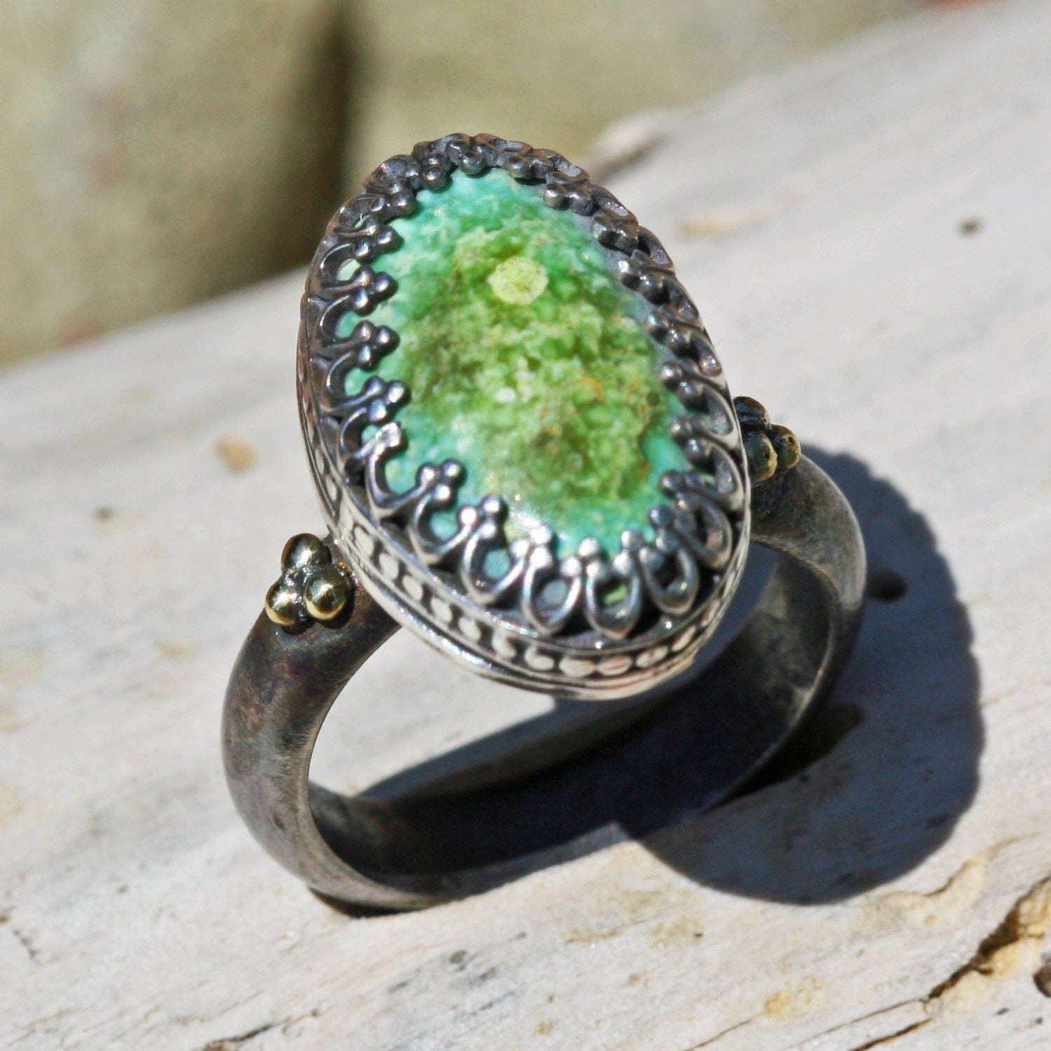 lime green blue turquoise ring granulation oxidized gold boho gypsy jewelry