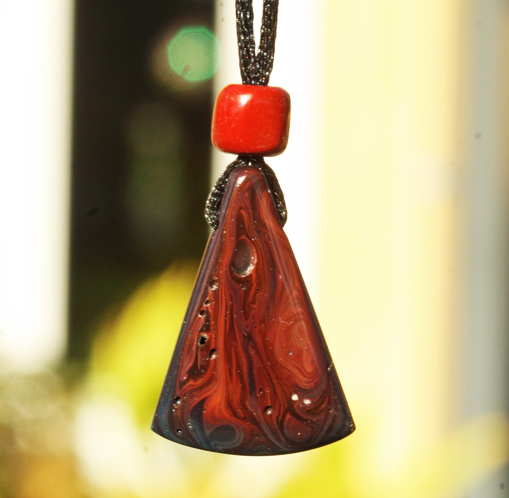 obsidian pendant black red fire flames hand carved boho gypsy festival jewelry