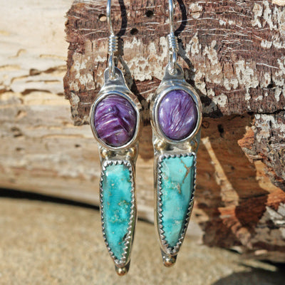 Charoite and Kingman Turquoise Sterling Silver Earrings - Boho Gypsy Metaphysical
