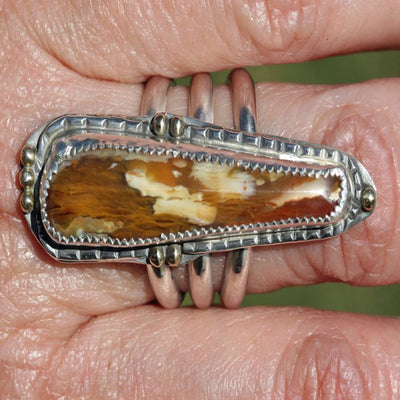 Petrified Wood Long Ring - Sterling With Gold Accents _ Size 8