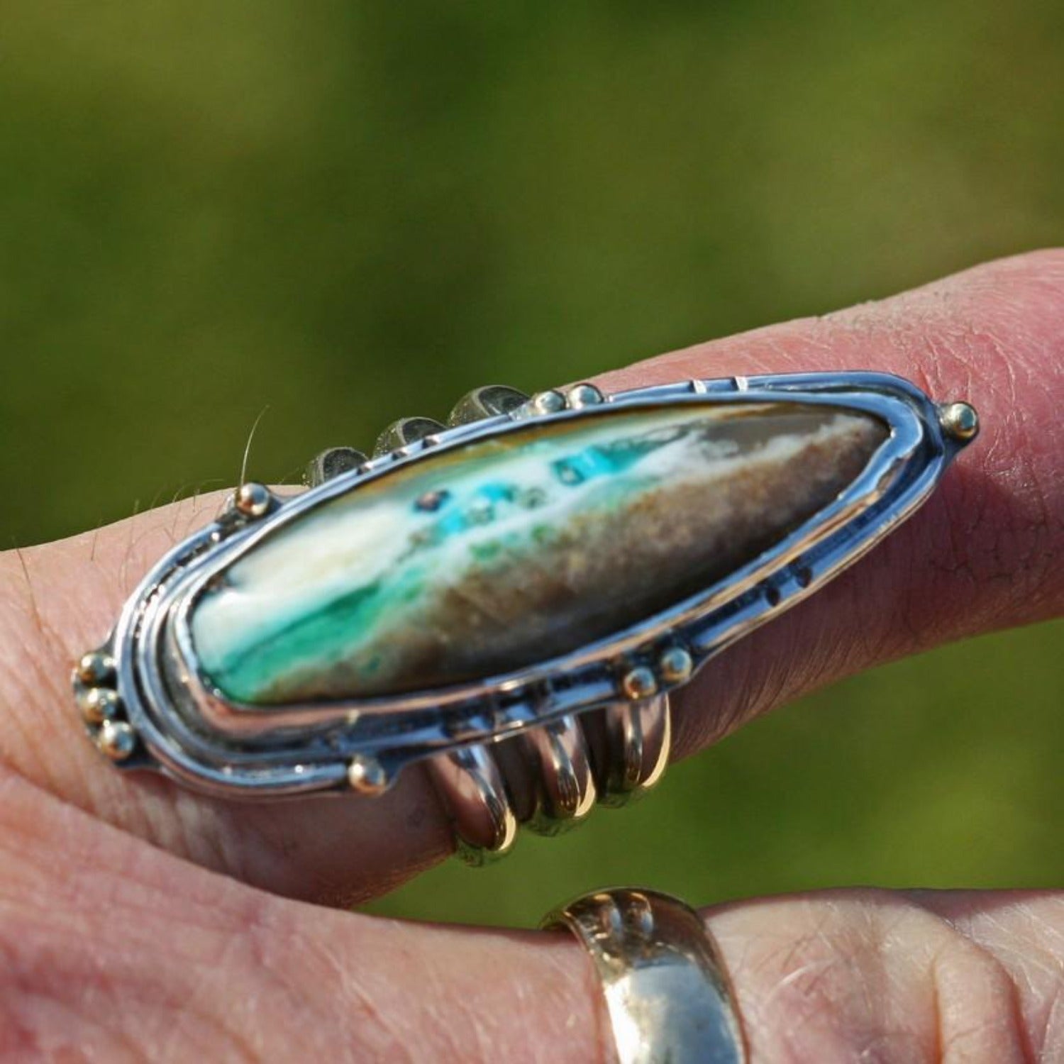 Blue Opal Wood Ring,  Size 8 3/8