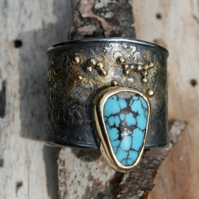 Ring 18k Gold Granulation On Silver, Turquoise Stone, Size 8