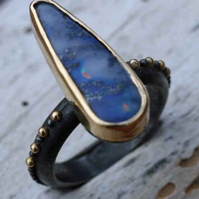 Blue Boulder Opal Ring - 18k Gold on Sterling Silver - 7 1/2