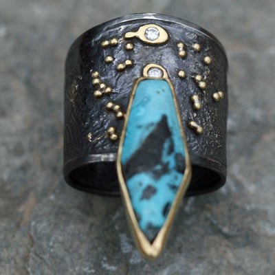 Turquoise Ring, 18k Gold fusion on oxidized sterling silver - Size 10 - Boho jewelry, Gypsy
