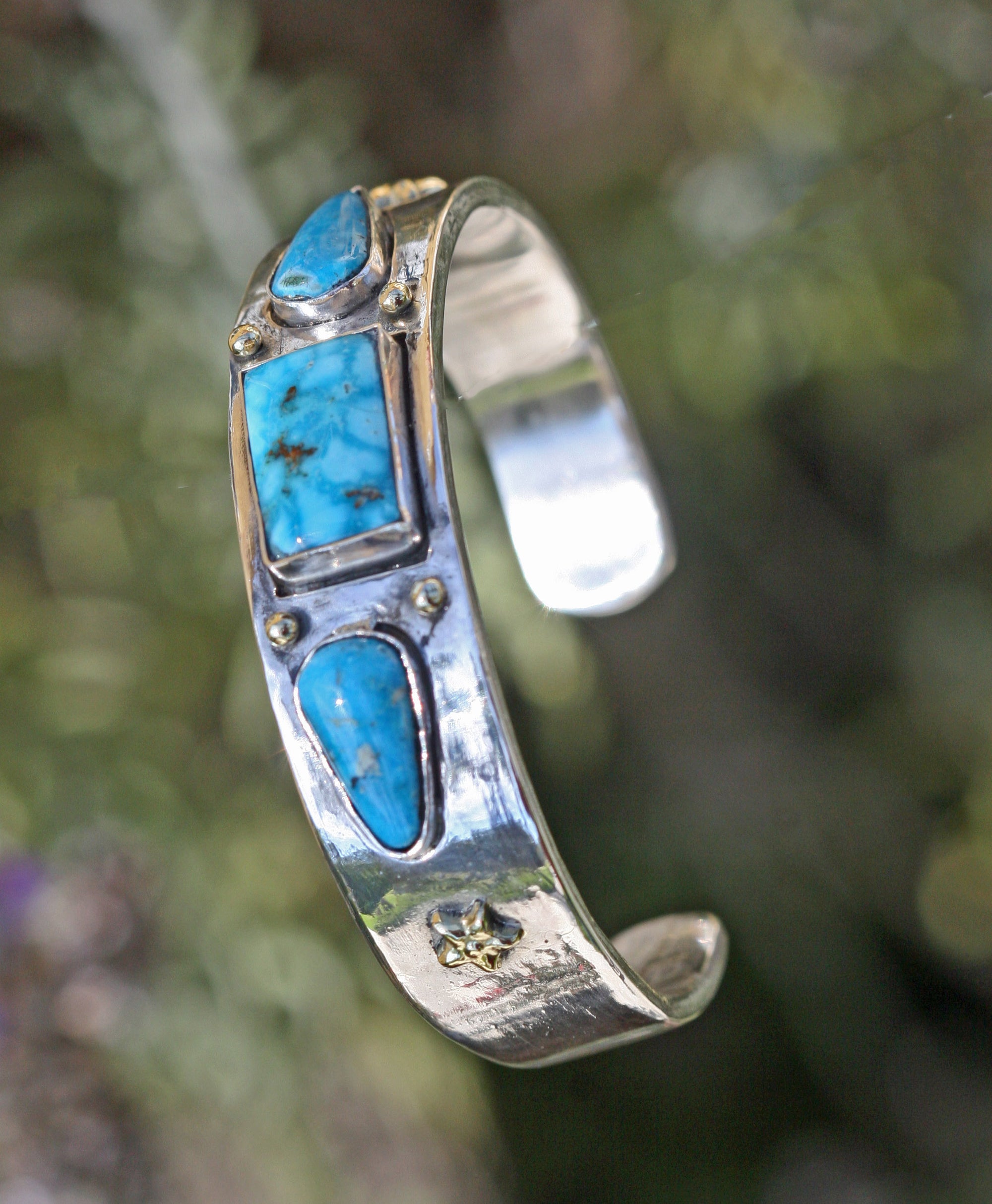 cuff bracelet turquoise gold granulation sterling silver Indian jewelry