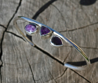 cuff bracelet amethyst gem purple sterling silver light weight boho