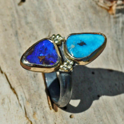 ring purple opal turquoise 18k gold granulation oxidized sterling silver boho gypsy jewelry