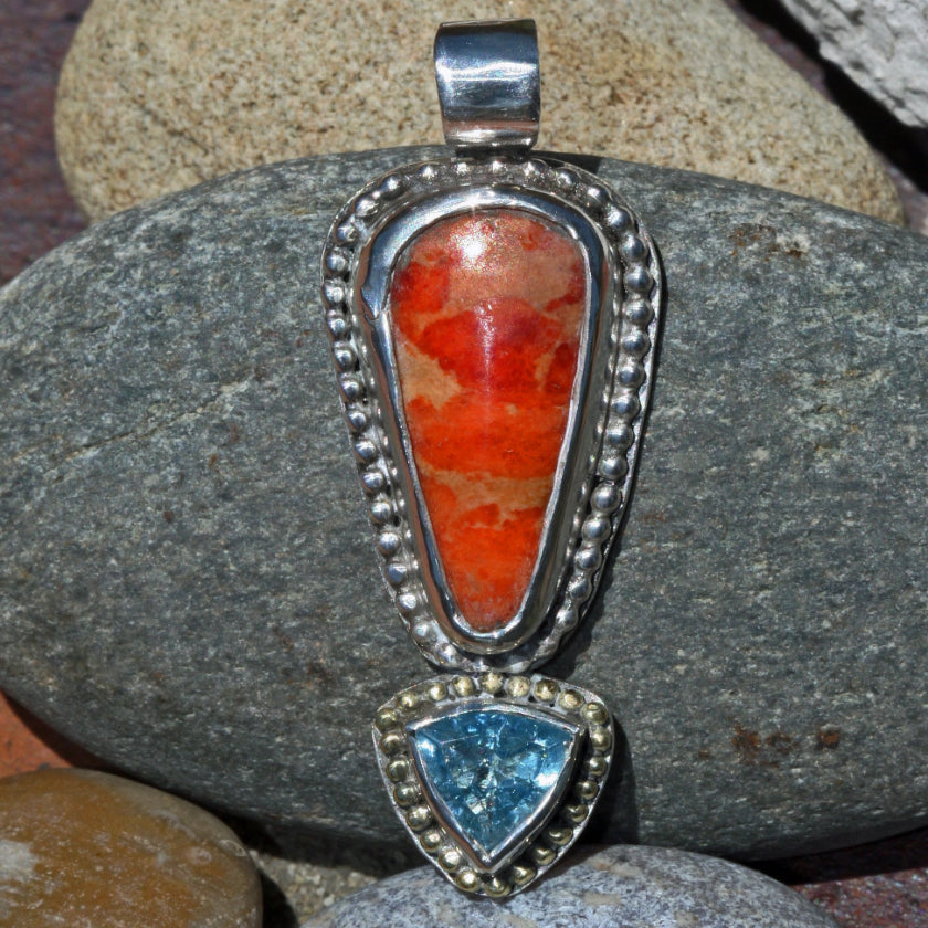 pendant orange sponge coral aquamarine sterling silver boho jewelry