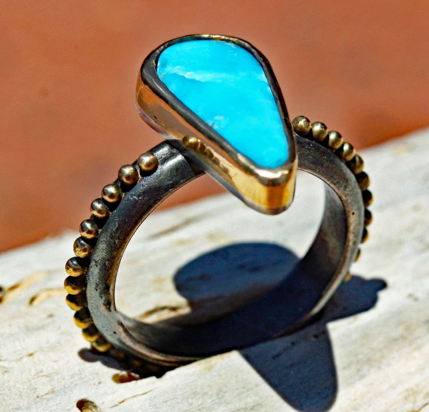 18 ct  gold granulation oxidized sterling silver turquoise ring jewelry