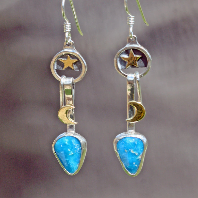 earrings dangle moon Texas star blue Turquoise boho festival jewelry