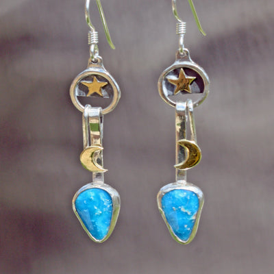 earrings dangle moon Texas star blue Turquoise boho festival jewelry